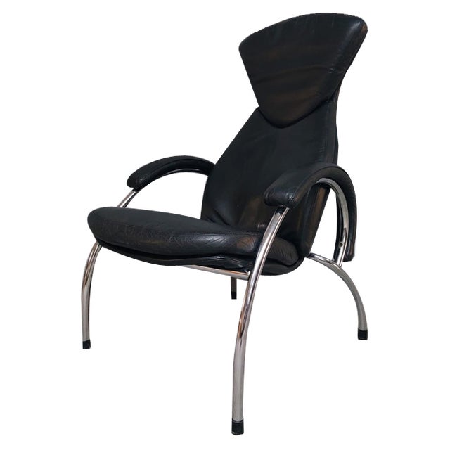 Black Leather Chrome Armchair, 1980s For Sale