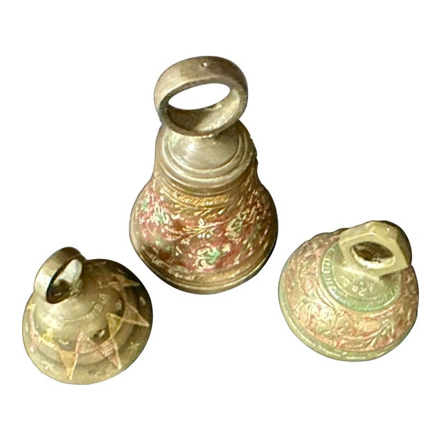 Vintage Mid 20th Century Brass & Cloisonné Bells- Set of 3 For Sale