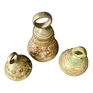 Vintage Mid 20th Century Brass & Cloisonné Bells- Set of 3