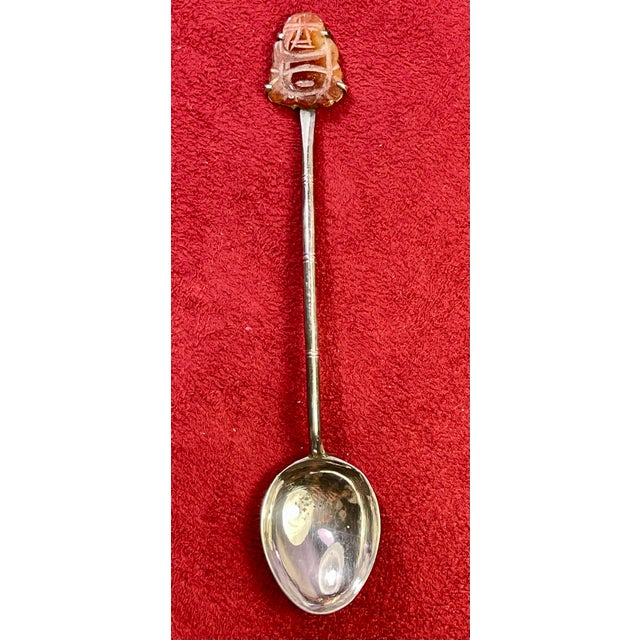 1940s 1940s Pure Sterling Silver Antique Set of 5 Spoons W Jade Buddhas 3 3/4” - 5pcs For Sale - Image 5 of 12