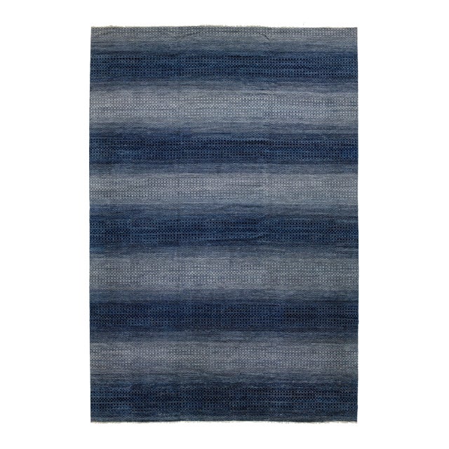 Modern Savannah Style Handmade Gray and Blue Wool Rug With Geometric Pattern For Sale