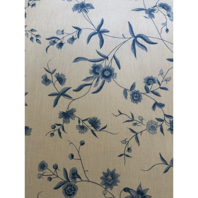 Chinese Bennison Chinese Paper - Mono Blue on Oyster Linen Fabric 3 3/8 Yards For Sale - Image 3 of 6