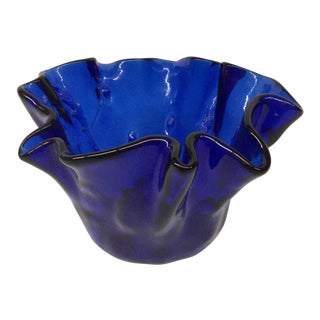 Vintage Cobalt Glass Ruffled Vase For Sale