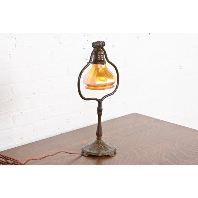 Art Deco Tiffany Studios New York Zodiac Bronze Harp Desk Lamp For Sale - Image 3 of 12