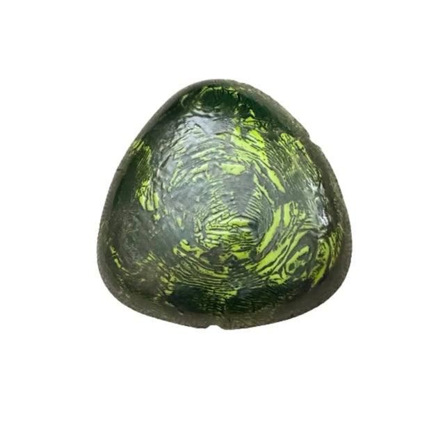 Stylish vintage, MCM enameled brass ashtray. Gorgeous avocado shades over gold; artful color burst pattern typical of...