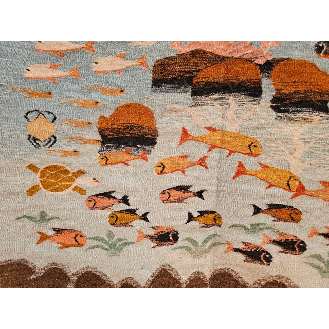 Vintage Hand-Woven Kilim Area Rug, Pictorial Ocean Scene Wall Art, 41” x 55” For Sale - Image 14 of 15