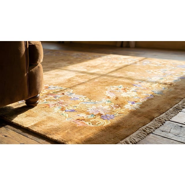 Camel Magnificent Camel Background Color With Exquisite Purple-Rose Flowers Antique Chinese Art Deco Rug For Sale - Image 8 of 9