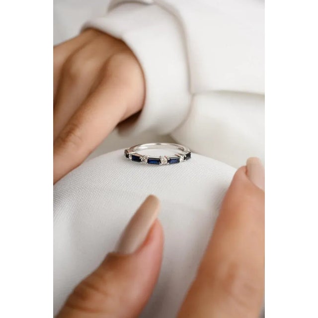 Blue Sapphire and Diamond Dainty Band Ring in 18k White Gold Ring Size 7 (All Sizes Available) For Sale - Image 9 of 9