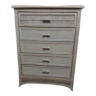 1980s Coastal Wash Wood Bamboo Wicker Chest 5 Drawer For Sale