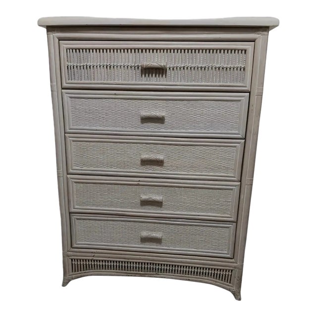 1980s Coastal Wash Wood Bamboo Wicker Chest 5 Drawer For Sale