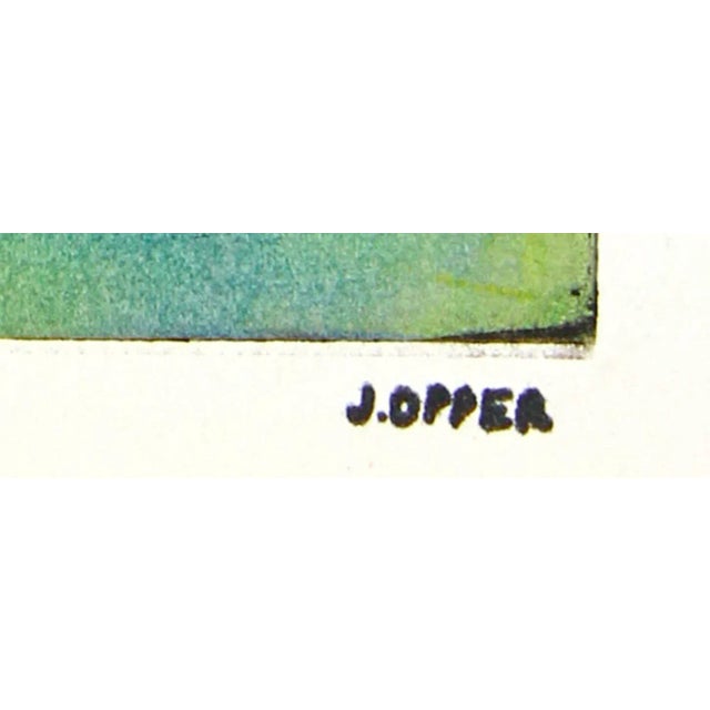 This circa late 1940s- early 1950s stone lithograph on paper in blue, green, and red is by California artist Jerry Opper...