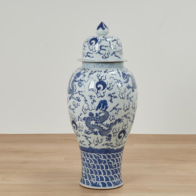 Pair of Chinese Blue and White Porcelain Dragon Palace Urns For Sale - Image 11 of 13