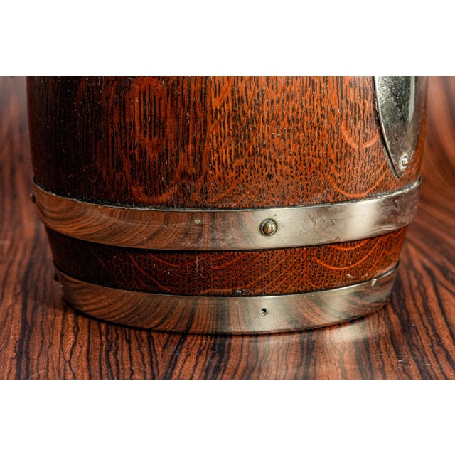 English Antique Silverplate Dark Oak Biscuit Jar With Porcelain Lining Shield For Sale - Image 9 of 13
