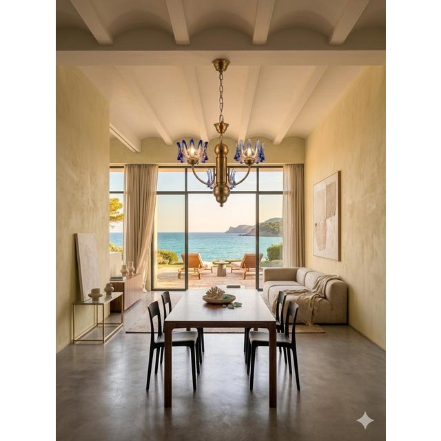 This is a gold Brass Murano ceiling pendant lamp with blue and clear Glass Shades. Up to 250V (Europe/UK Standard).The...