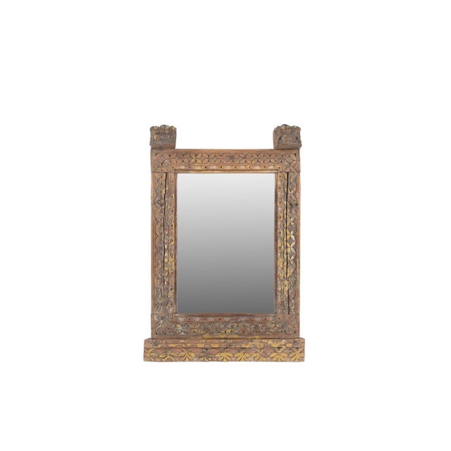 Indian Antique Indian Carved and Painted Teakwood Window – Mirror For Sale - Image 3 of 4