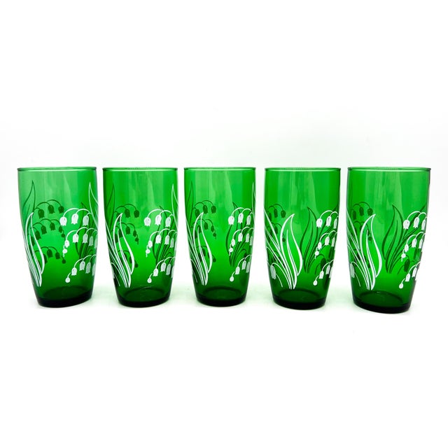 Glass Mid Century Modern Anchor Hocking Forest Green Lily of the Valley Tumbler Glasses- Set of 5 - Botanical / Cottagecore For Sale - Image 7 of 9