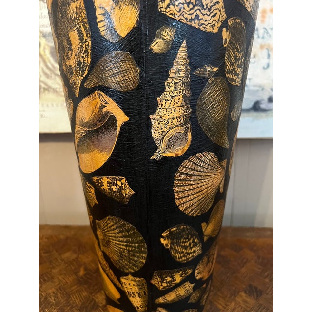 Vintage English Planter Jardiniere Urn Shell Decoupage Black Tole Coastal Décor For Sale - Image 11 of 17