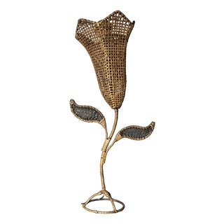 Large Mid-Century French Rattan Wicker Flower Tulip Table Lamp, 1960s For Sale