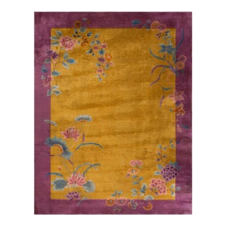 1920s Yellow Canary Floral Antique Chinese Art Deco Carpet 8' 10'' X 11' 4'' Knotted Wool Rug For Sale