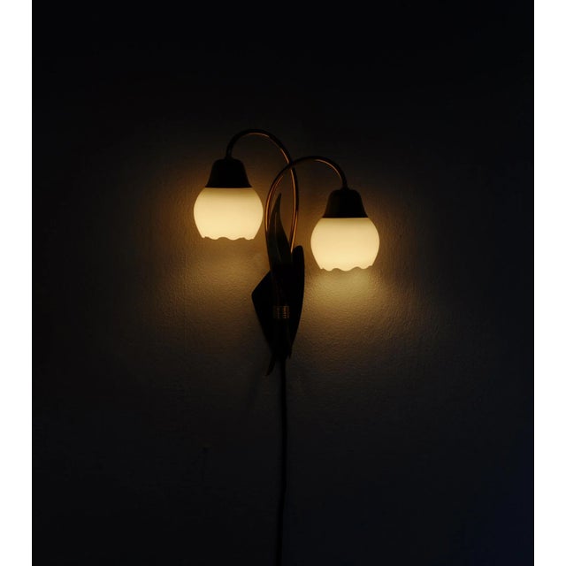 Scandinavian Organic 2-Arm Wall Light in Brass and Opaline, 1940s For Sale - Image 14 of 15
