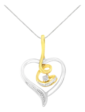 Espira 10K Two-Tone Yellow & White Gold .03 Cttw Diamond-Accented Round-Cut Diamond Swirl Open Heart 18" Pendant Necklace (I-J Color, I2-I3 Clarity)