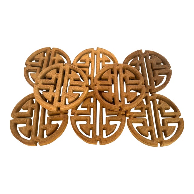 Set of 8 Asian Style Wooden Coasters For Sale