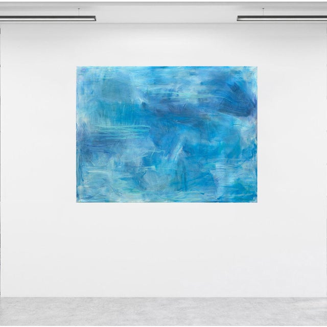 “Blue Refection” is an original abstract oil painting on canvas. Layers of luminous blue, turquoise, and pale green unfold...