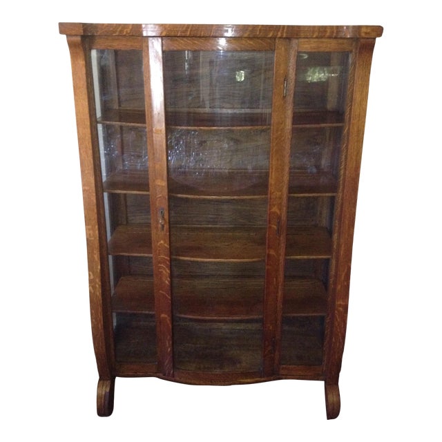 Early 1900s Antique Victorian Oak China With Bow Curved Glass