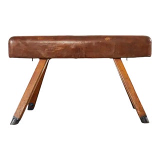 Midcentury Gymnastic Leather and Oak Pommel Horse Bench For Sale