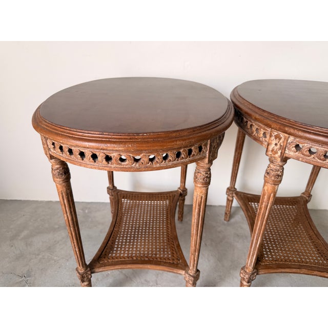 2000 - 2009 Modern Neoclassical Louis XVI Style Oval Side Tables With Cane Shelves – A Pair For Sale - Image 5 of 15