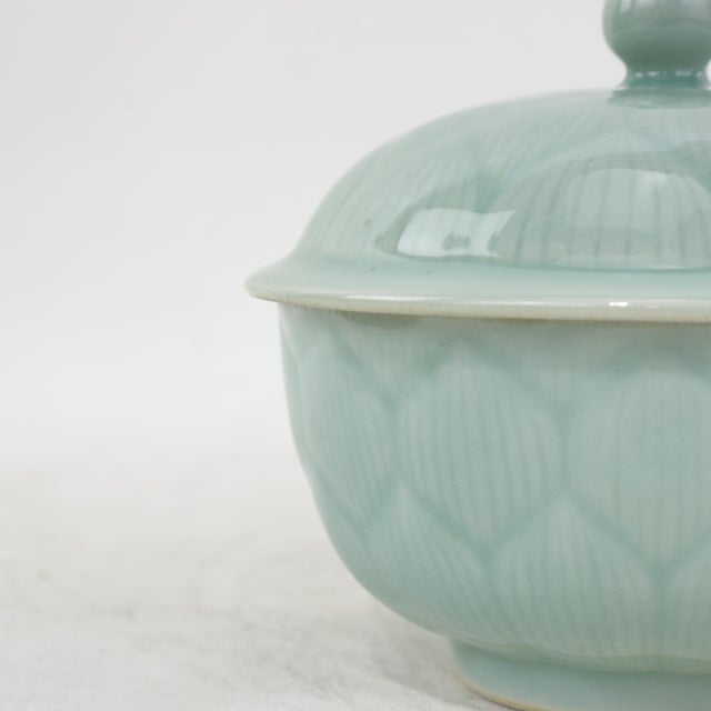 Vintage Chinese Celadon Green Lotus Flower Carved Porcelain Covered Bowl For Sale - Image 12 of 13