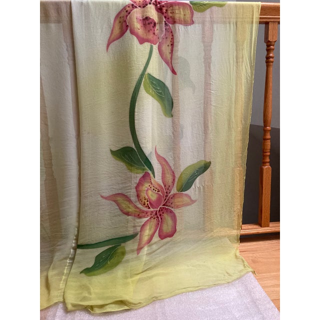 Orchid Tropical Floral Hand Painted on Silk Chiffon Throw For Sale In New York - Image 6 of 12