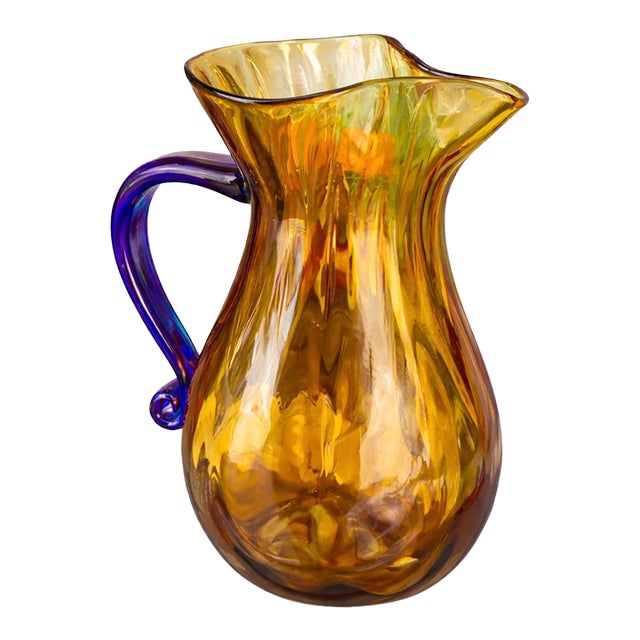 Late 20th Century Amber Hand-Blown Art Glass Pitcher With Cobalt Blue Handle – Sculptural Mid-Century Style (11.5") For Sale