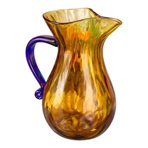 Late 20th Century Amber Hand-Blown Art Glass Pitcher With Cobalt Blue Handle – Sculptural Mid-Century Style (11.5")
