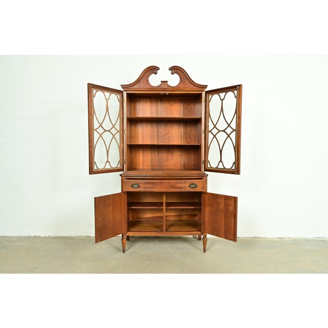 Mid 20th Century Baker Furniture Style Georgian Burled Walnut Breakfront Bookcase Cabinet, Circa 1960s For Sale - Image 5 of 17