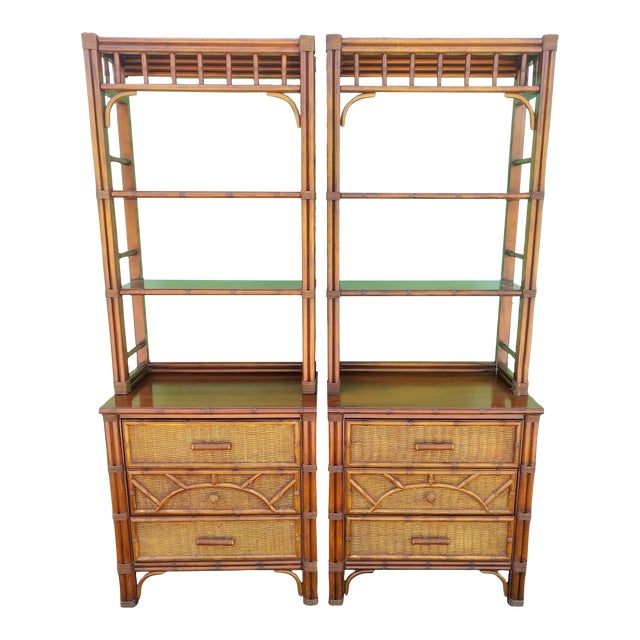 Rare Vintage Henry Link Extra Tall 3 Drawer Etagere Faux Bamboo Storage Shelving Unit