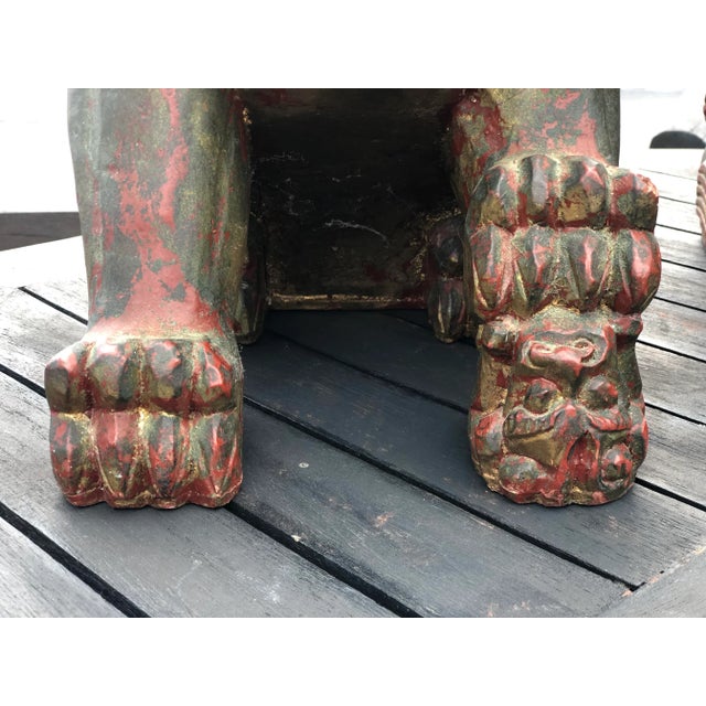 Brass Antique Asian Chinese Carved Wood Foo Dog Figures- A Pair For Sale - Image 8 of 11