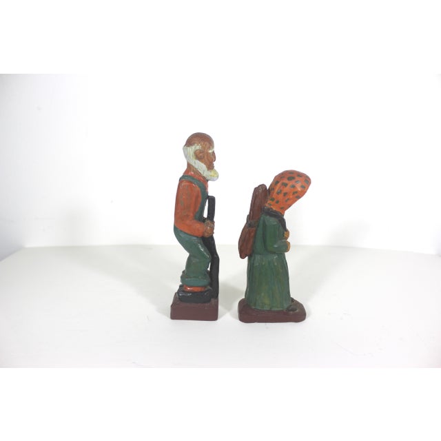 American Vintage Hand Carved Painted Wood Man and Woman Folk Art Couple Figurines Carving, Shelf Decor For Sale - Image 3 of 12