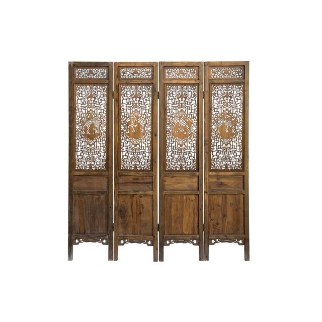 Vintage Finish Openwork Figural 4 Panels Wood Floor Screen Room Divider For Sale In San Francisco - Image 6 of 11