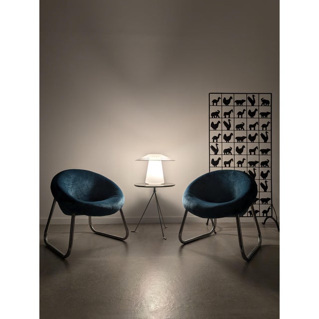 Mid-Century Modern Chromed Metal and Blue Velvet Armchairs, Set of 2 For Sale - Image 3 of 15