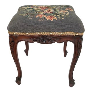 Antique 13x15” Mahogany Wood Foot Stool Needlepoint Upholstery For Sale