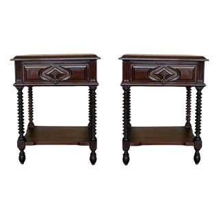 1900-1909 Pair of Spanish Nightstands With One Drawer and Low Shelve and Lentil Legs For Sale