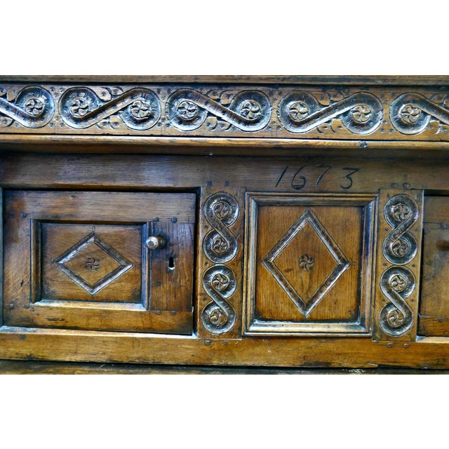 Antique Court Cupboard in Carved Oak, 1673 For Sale - Image 4 of 14