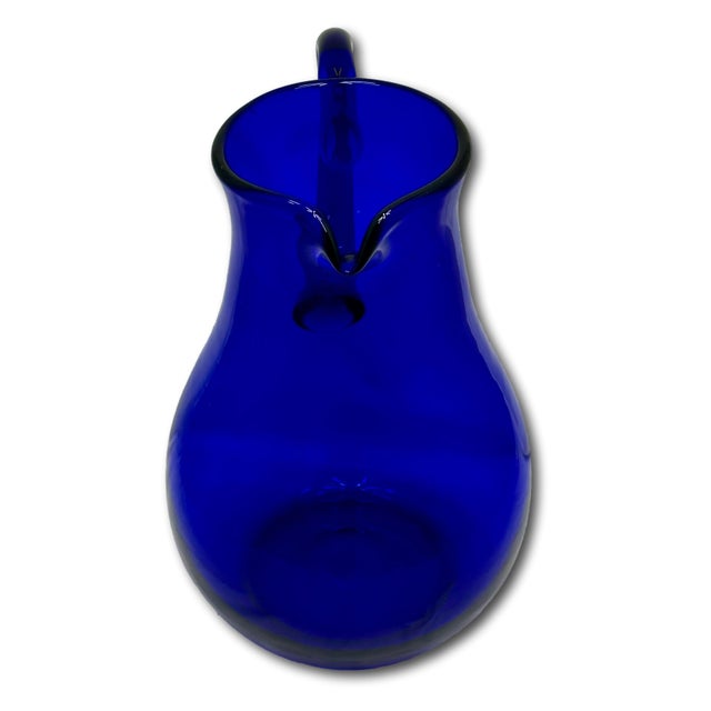 Stunning Vintage Retro Art Deco Deep Cobalt Blue Hand Blown Art Glass Pitcher - Circa Mid 20th Century For Sale - Image 11 of 18