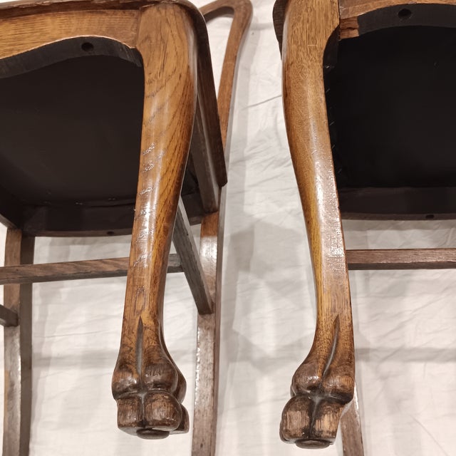Antique Quarter Sawn Oak Side Chairs With Hand Carved Motif on Each Side and Nailhead Stud Surround Tapestry Seat and Claw Feet For Sale - Image 10 of 18