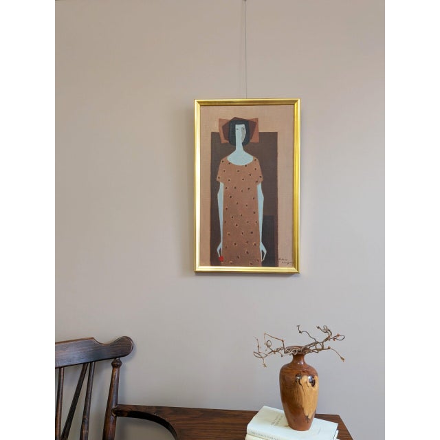Mid-Century Modern 'Woman With a Red Flower' Vintage Figurative Oil Painting by Swedish Artist Fabian Lundqvist (1913-1989), Framed For Sale - Image 4 of 10