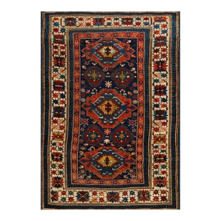 1890s Blue Navy Geometric Tribal Caucasian Kuba Rug 3'9" X 5'3" Wool Handknotted Carpet For Sale