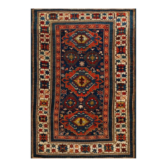 1890s Blue Navy Geometric Tribal Caucasian Kuba Rug 3'9" X 5'3" Wool Handknotted Carpet For Sale