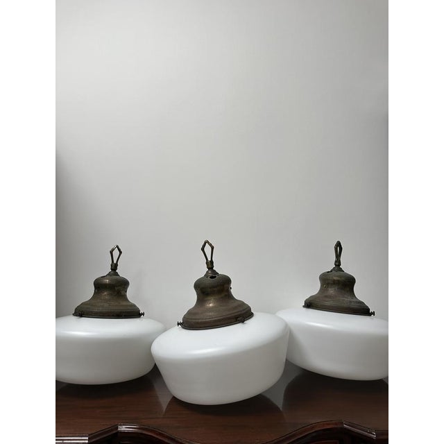 White Large Antique English Opaline Milk Glass and Brass Church Pendant, 1890s For Sale - Image 8 of 12