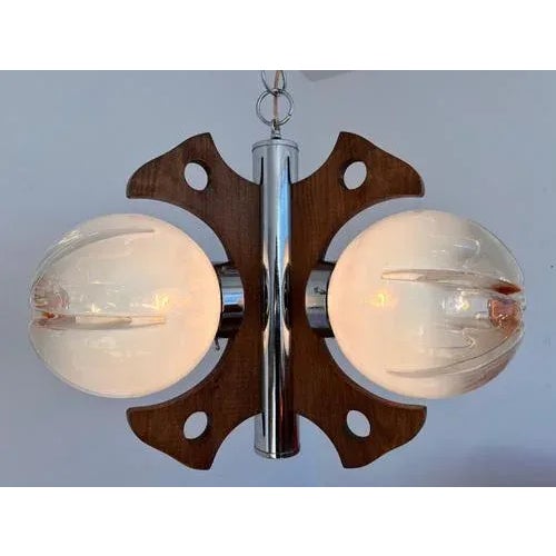 - Italy, around 1970s - chrome with patina, polished - wooden parts refreshed - three bulbs any wattage - US wiring...